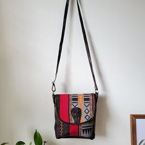 VINTAGE TRIBAL WOVEN AND GENUINE LEATHER CROSSBODY BAG